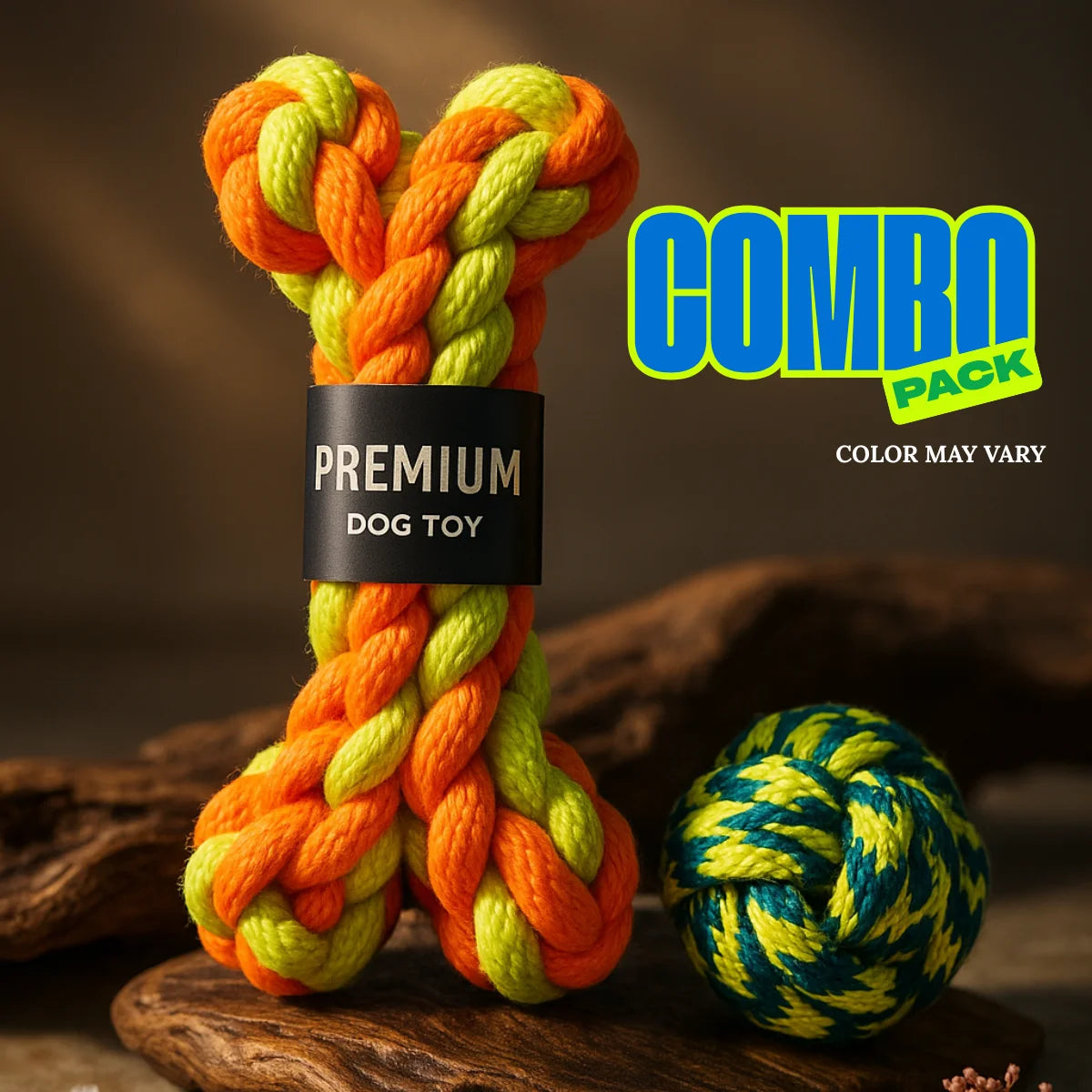Tail Squad Bone and Ball Rope Toy for Dogs Ball Combo front view multicolor braided rope chew toy set for interactive dog play