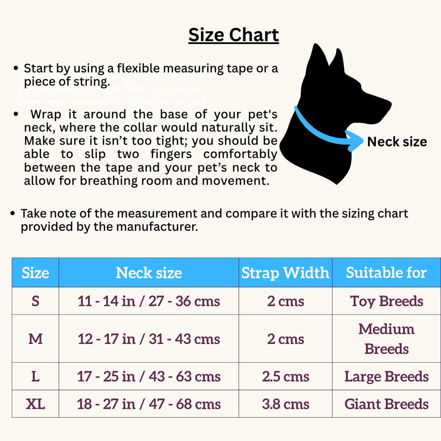 Tail Squad Abstract Black printed dog collar size chart with accurate neck measurement guide for perfect dog collar fitting [vnd_sizechart]