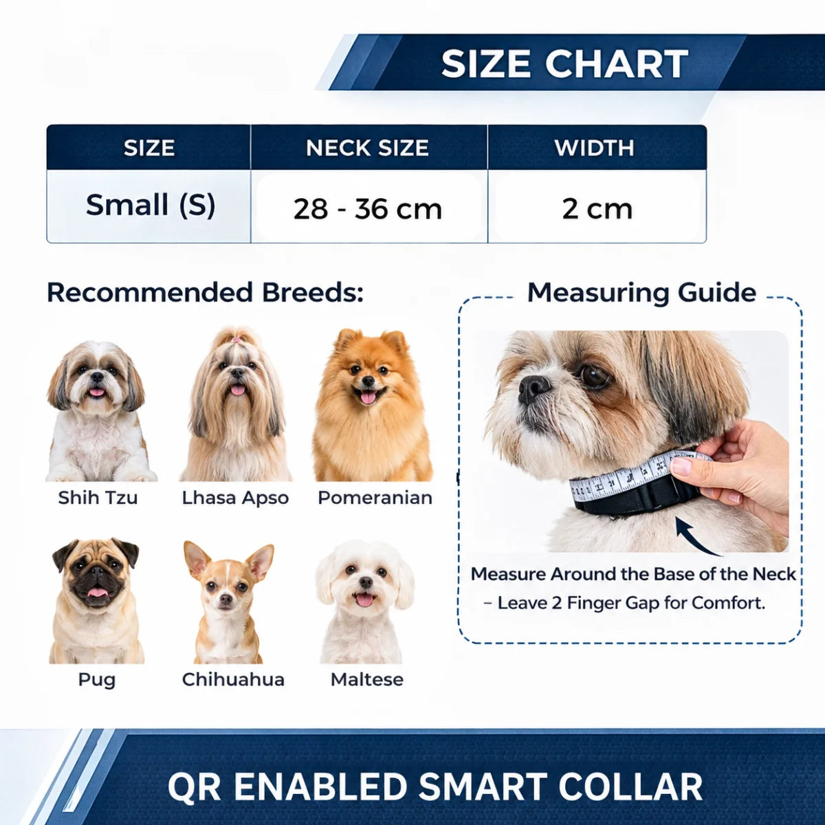 Tail Squad Black dog collar size guide with accurate neck and chest measurement details.
