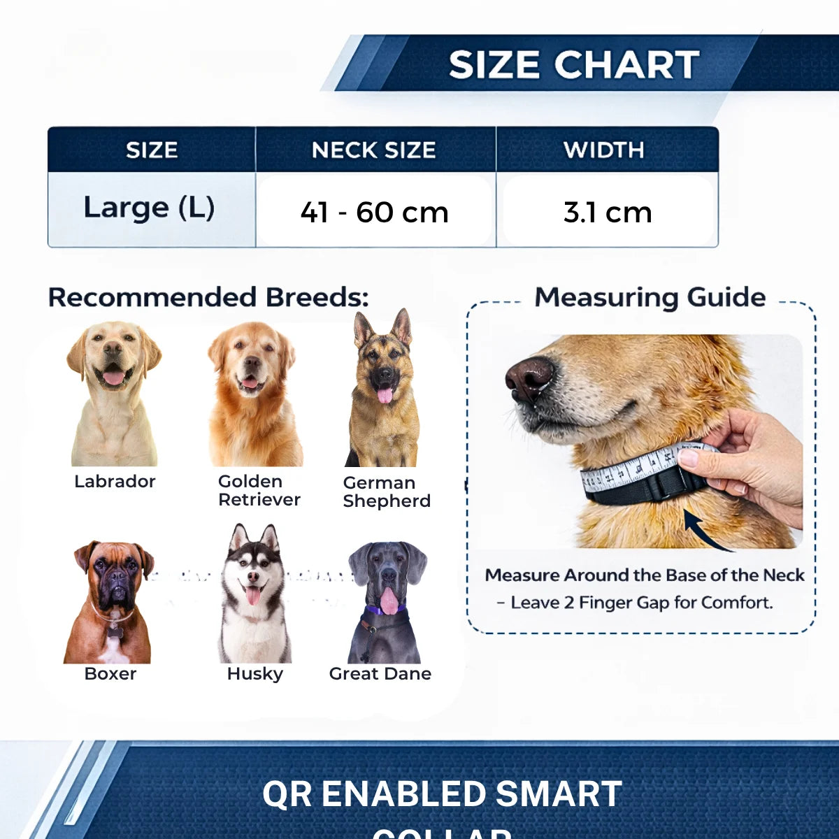 Size guide chart for adjustable smart dog collars designed for different breeds.