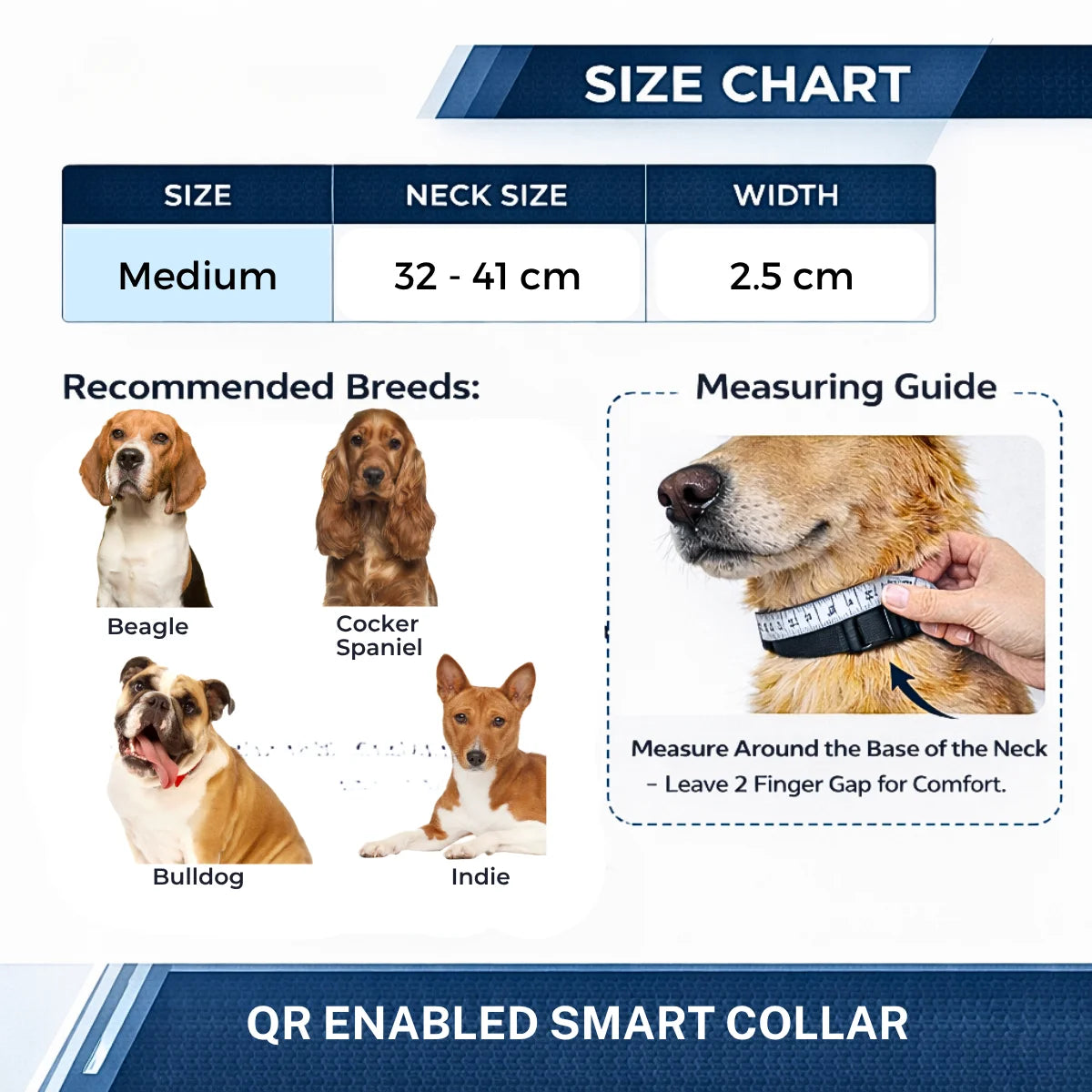Size chart for a QR enabled smart collar with recommended breeds and measuring guide.