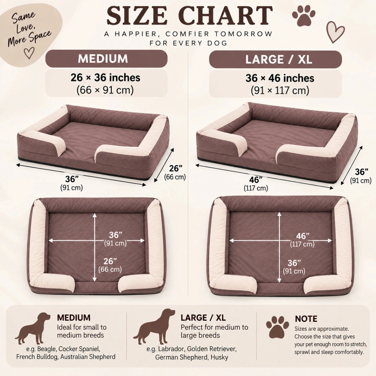 size chart orthopedic dog bed