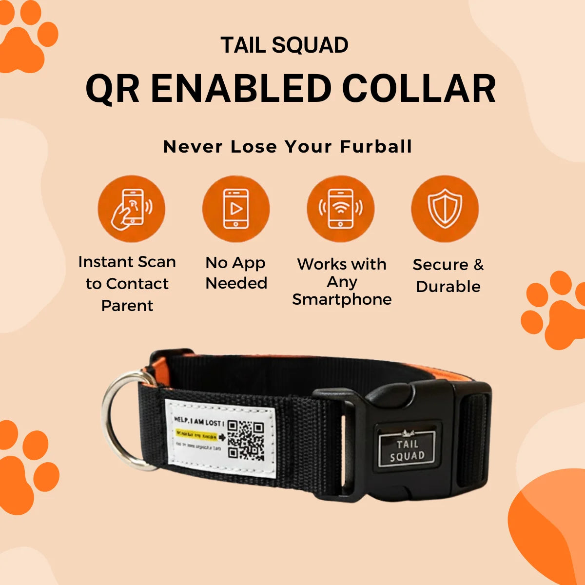 QR-enabled black dog collar with digital pet ID and reflective accents.