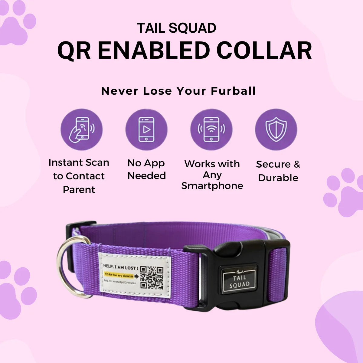 Tail Squad Smart Padded Dog Collar QR Enabled