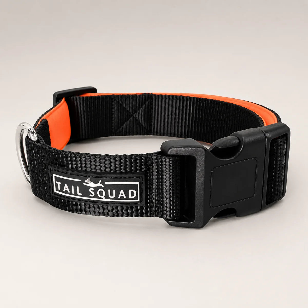 Tail Squad Black dog collar full and upper view featuring premium stitching and comfortable everyday pet wear