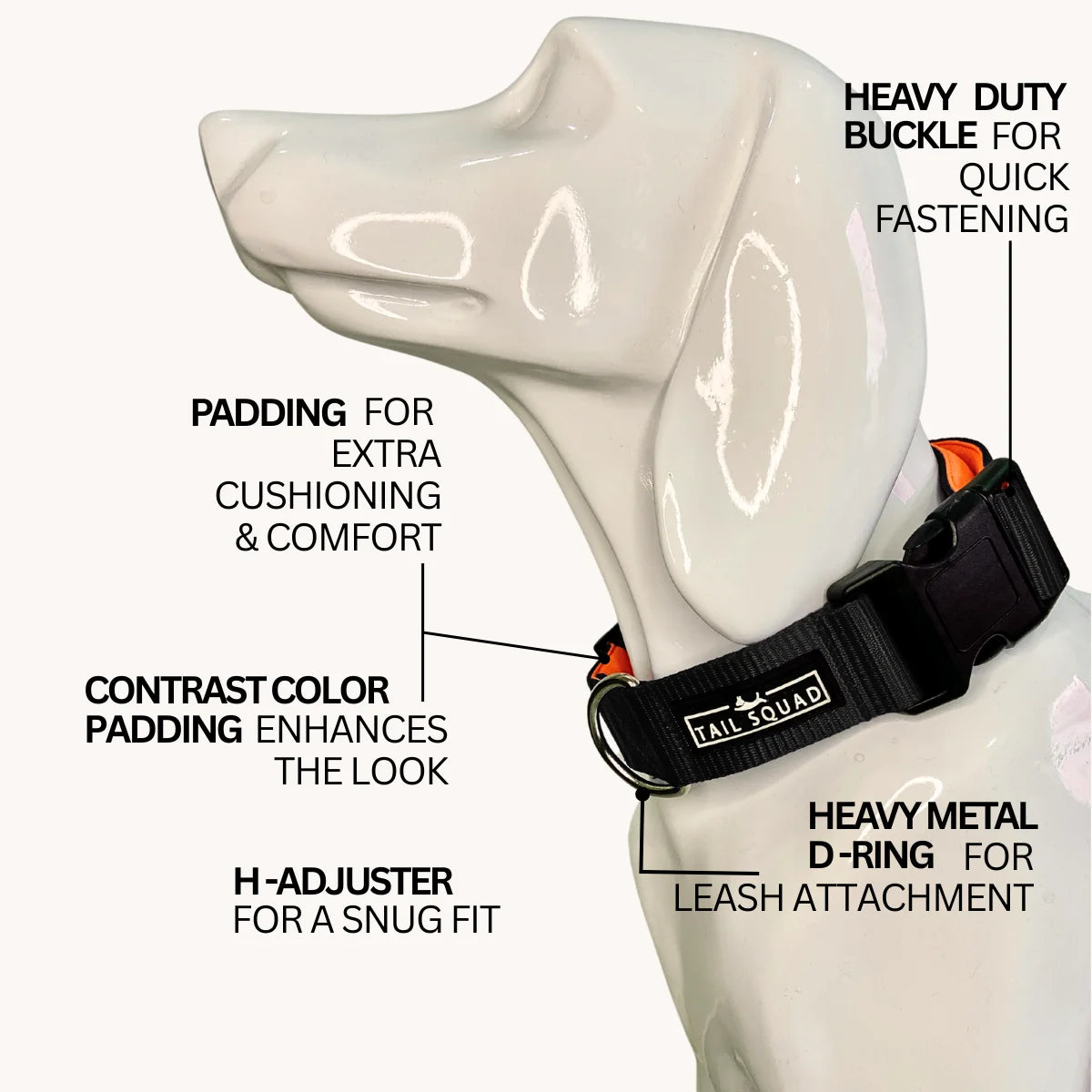 Tail Squad Dog Collar Black highlighting sturdy buckle closure, soft material, and long-lasting collar durability