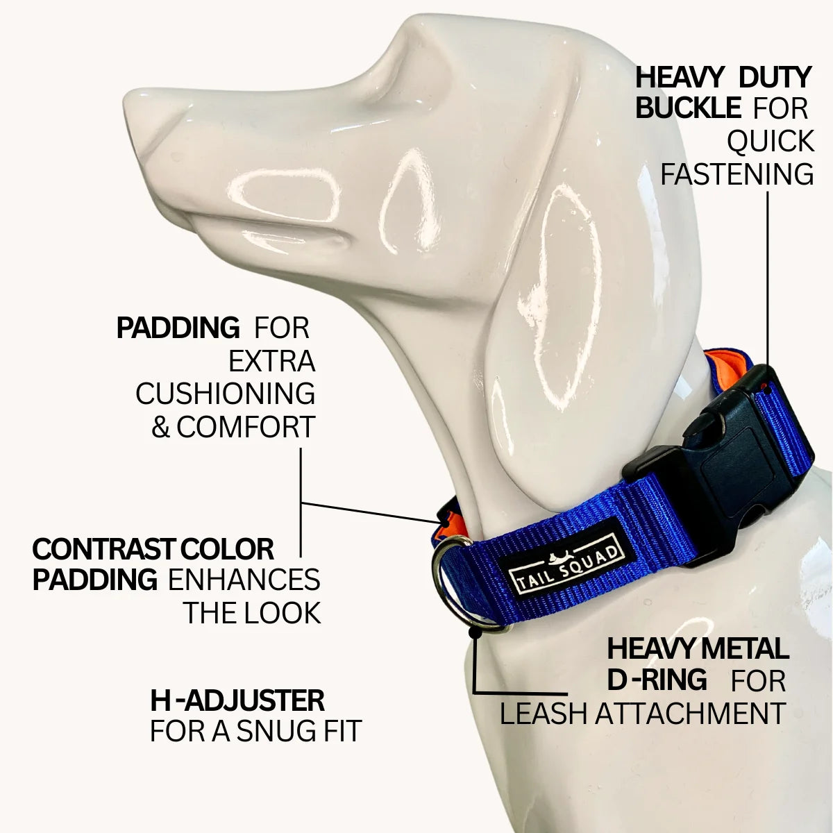 Tail Squad Dog Collar Blue highlighting strong buckle, soft padded material, and long-lasting durable pet collar
