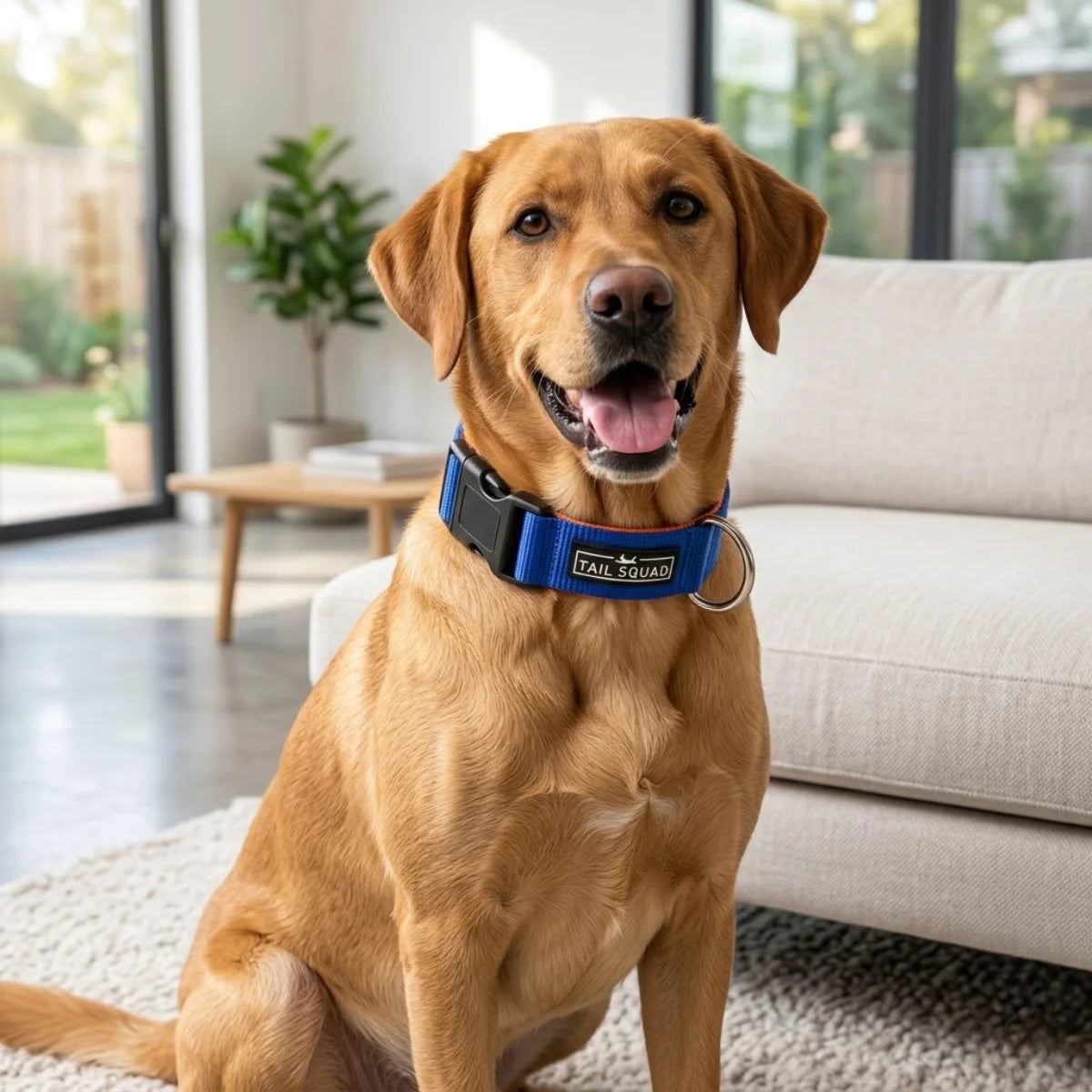 Dog wearing Tail Squad Dog Collar Blue with adjustable fit and secure lightweight collar for daily walks
