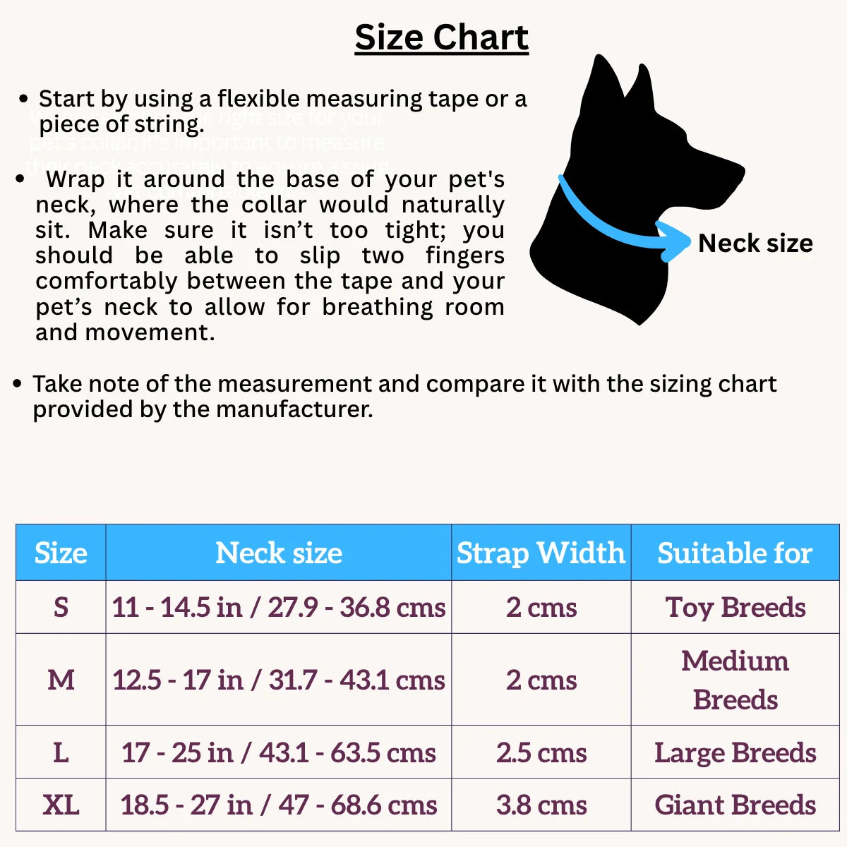Tail Squad Dog Collar Black size chart with accurate neck sizing guide for small medium and large dogs