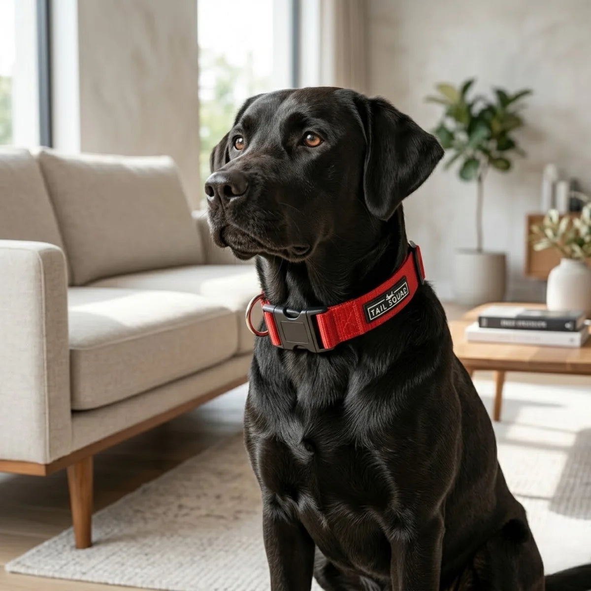 Tail Squad Red dog collar full and upper angle showcasing premium stitching and comfortable pet collar fit