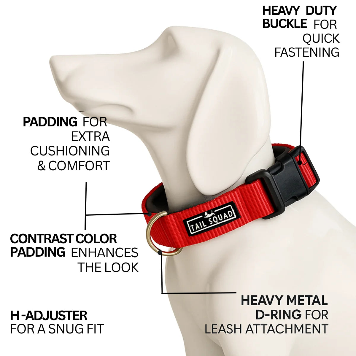 Tail Squad Dog Collar Red highlighting strong buckle closure, soft material, and durable pet collar design