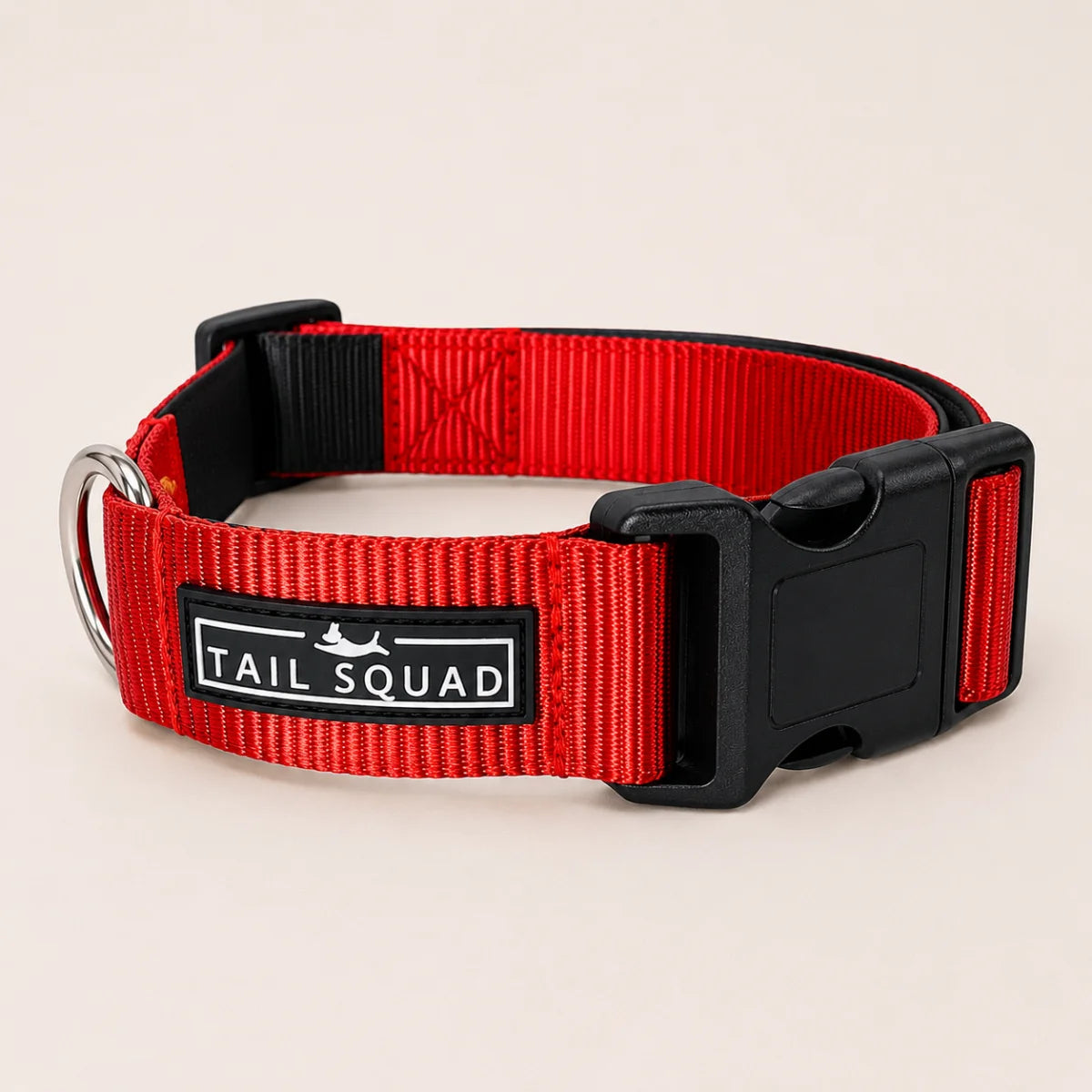 Tail Squad Dog Collar Red size chart with neck measurement guide for selecting the perfect dog collar fit