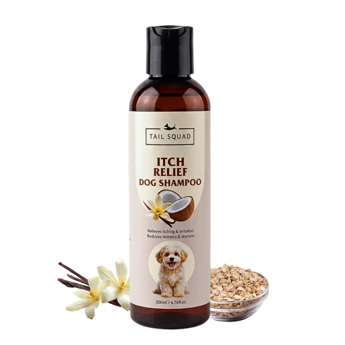 Itch relief sulfate-free dog shampoo for dry and itchy skin in a 200 ml bottle.