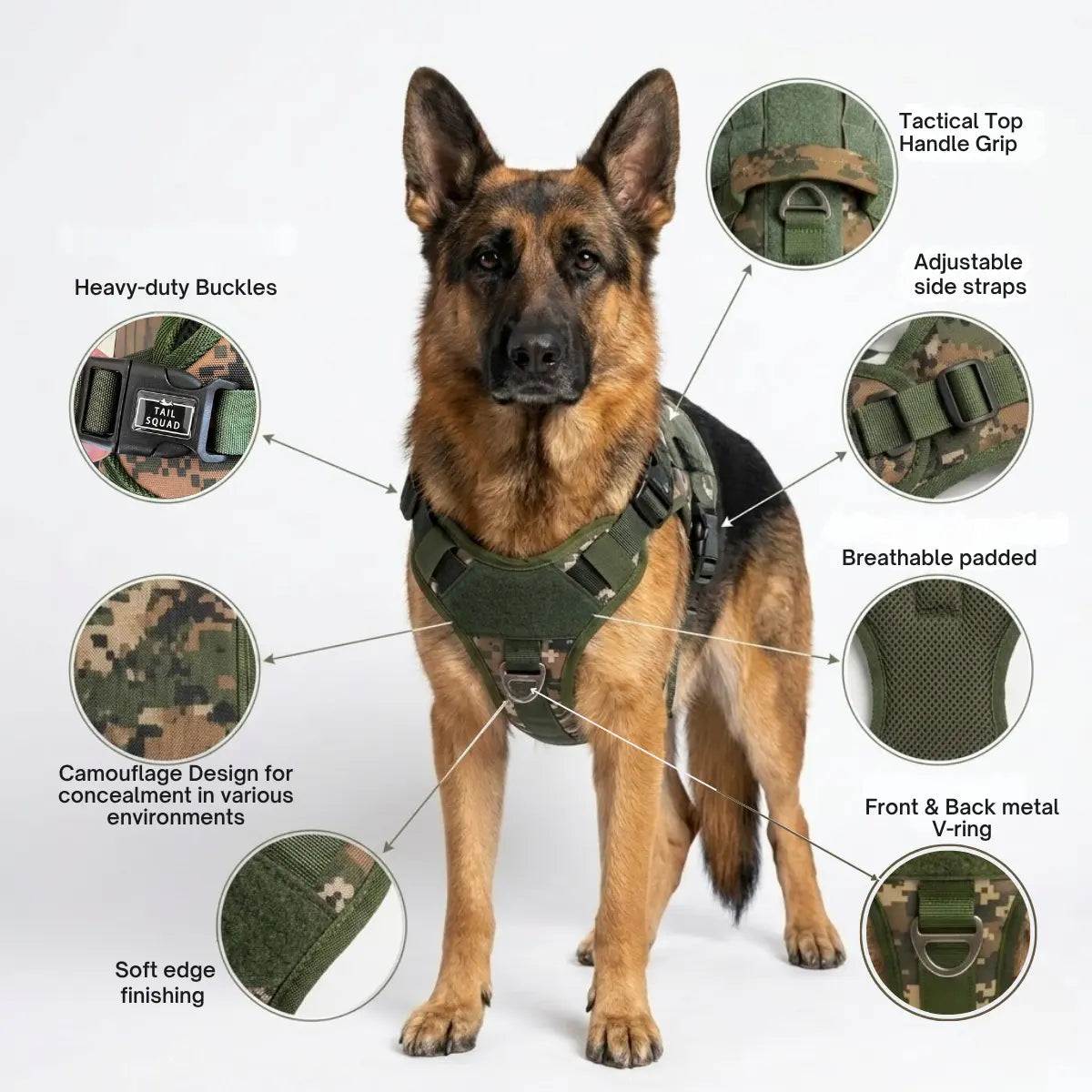 The Tail Squad tactical dog harness for daily walks, travel, and adventure activities.