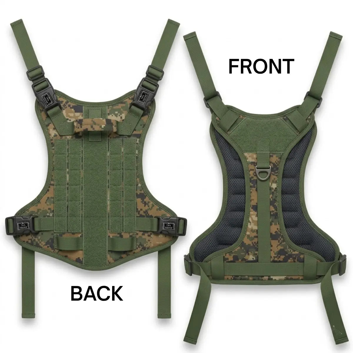 Adjustable pet harness with size guide and reinforced handle for better control.
