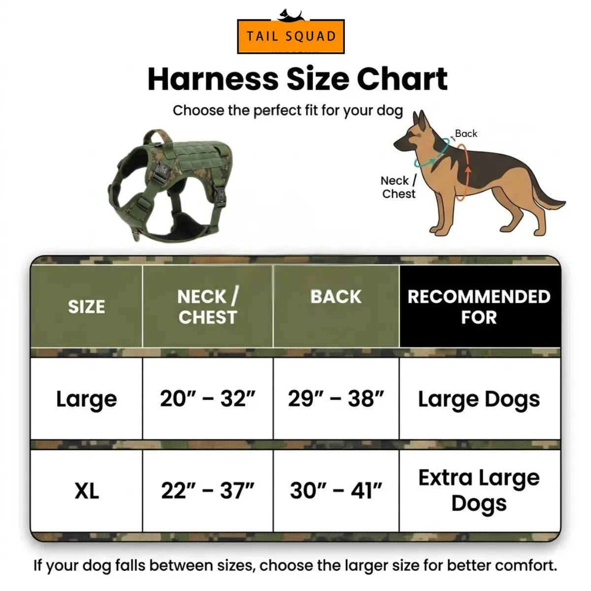 Dog harness size chart with neck and chest measurements for choosing the right fit for your pet.