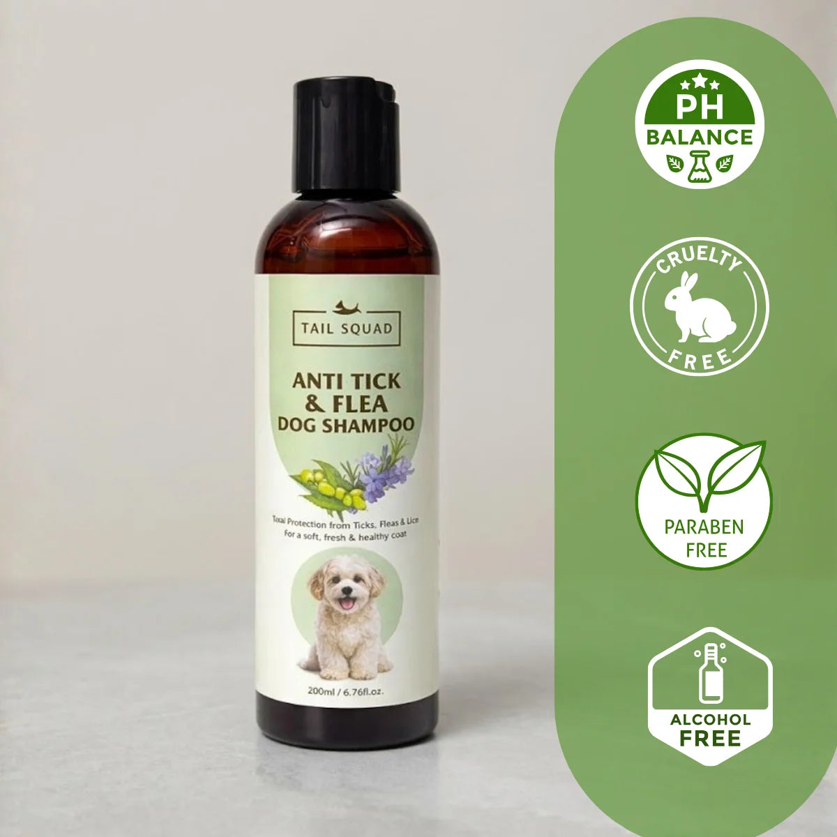 Key formulation highlights of anti tick and flea shampoo for dogs with sensitive skin.
