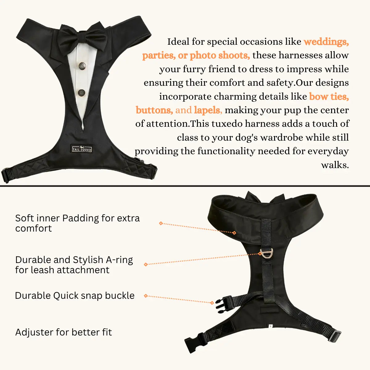 Tail Squad Designer Dog Tuxedo Harness Black with soft padding, durable buckles, and adjustable comfort fit