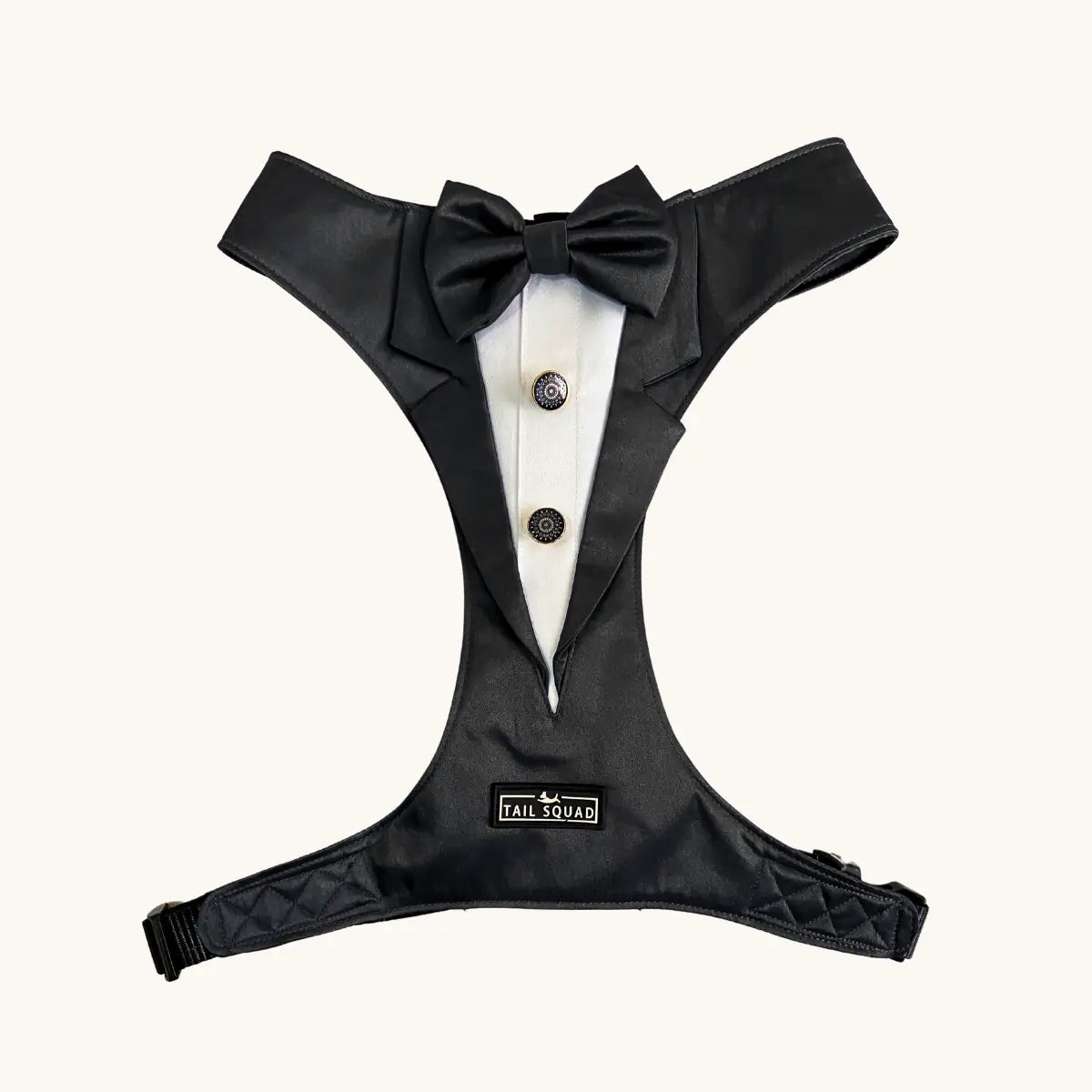 Tail Squad Black designer dog tuxedo harness full and upper shot showcasing premium fabric and stylish pet fashion