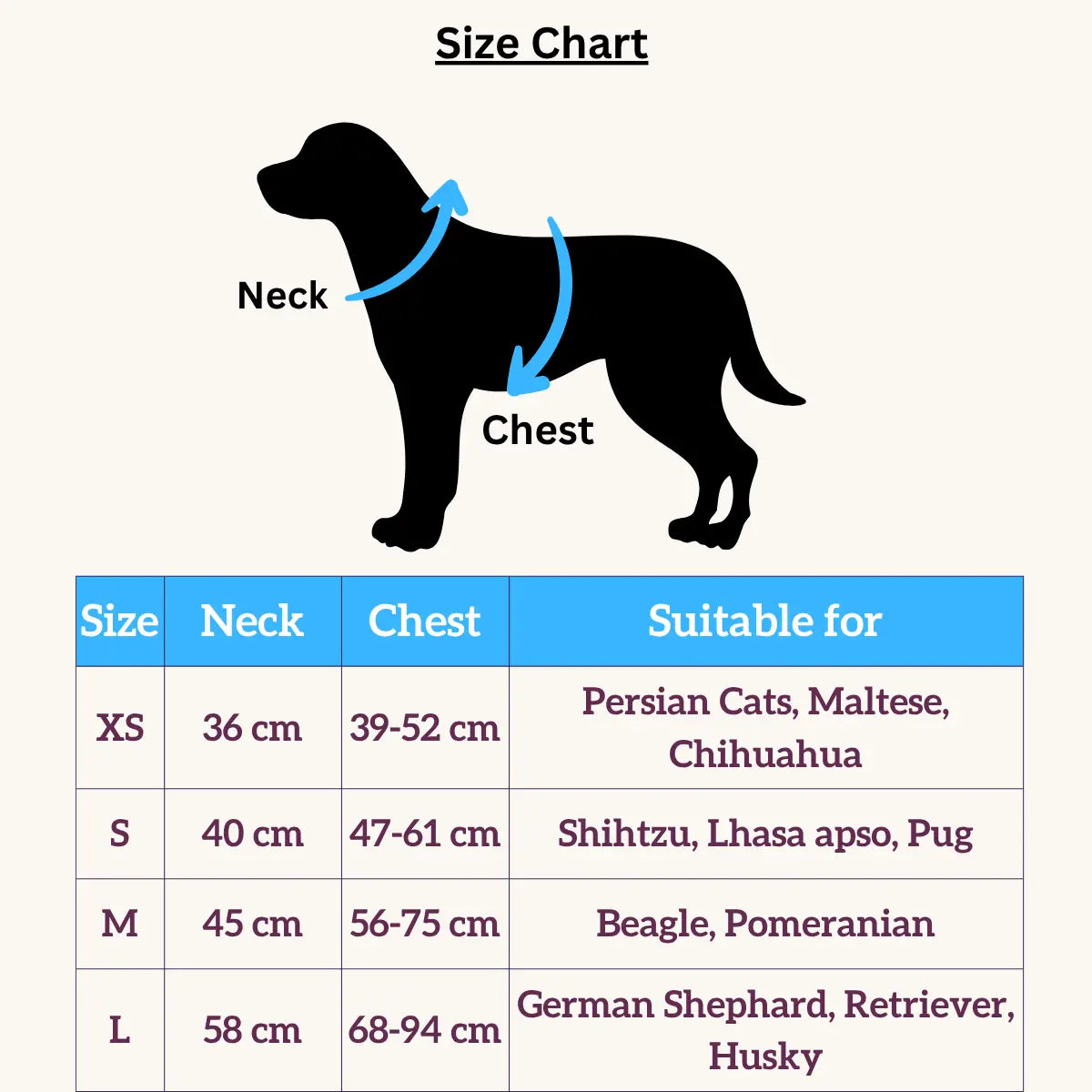 Tail Squad Designer Dog Tuxedo Harness Blue size chart with chest and neck measurement guide for dogs