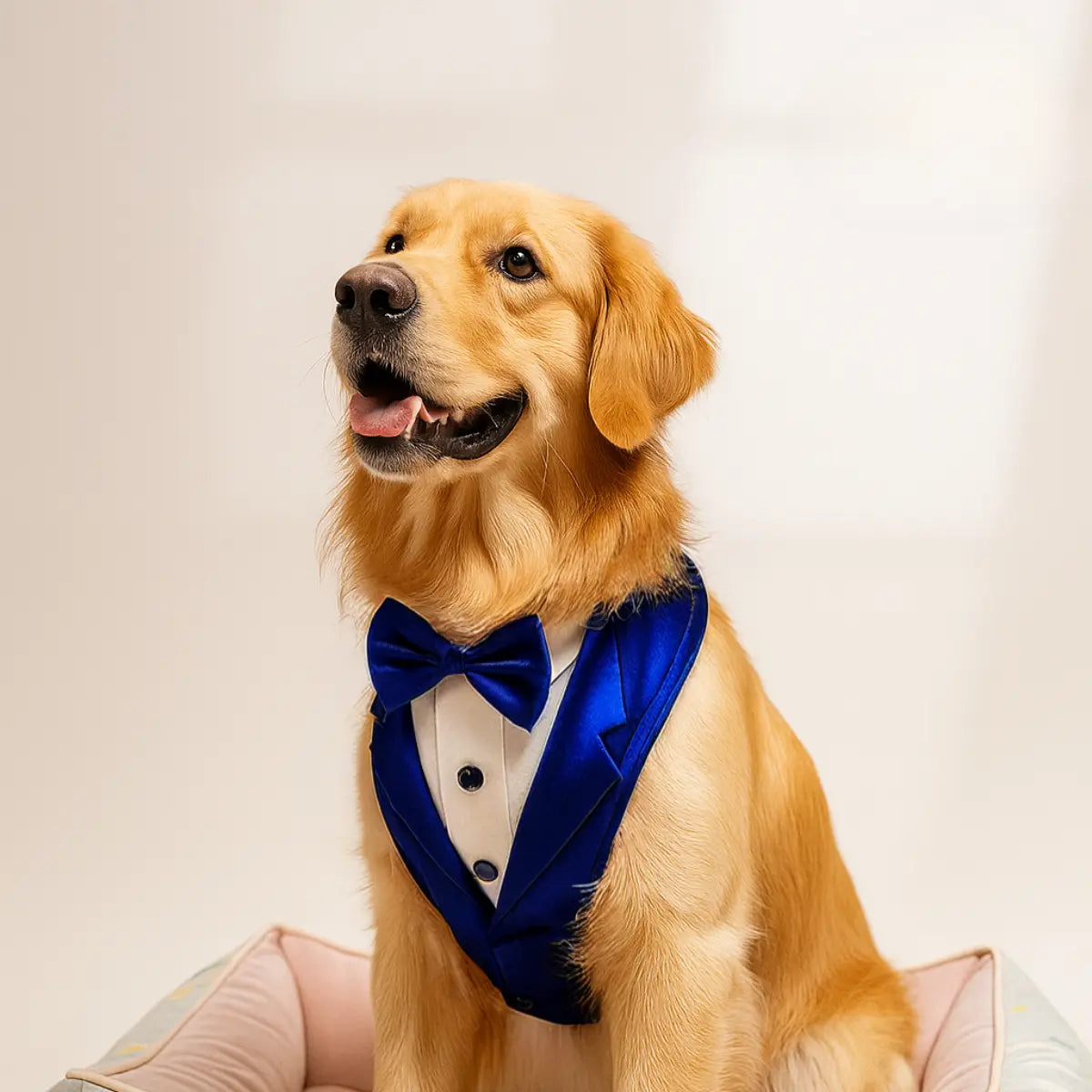 Tail Squad Designer Dog Tuxedo Harness Blue front view with elegant bow design and adjustable pet harness fit.