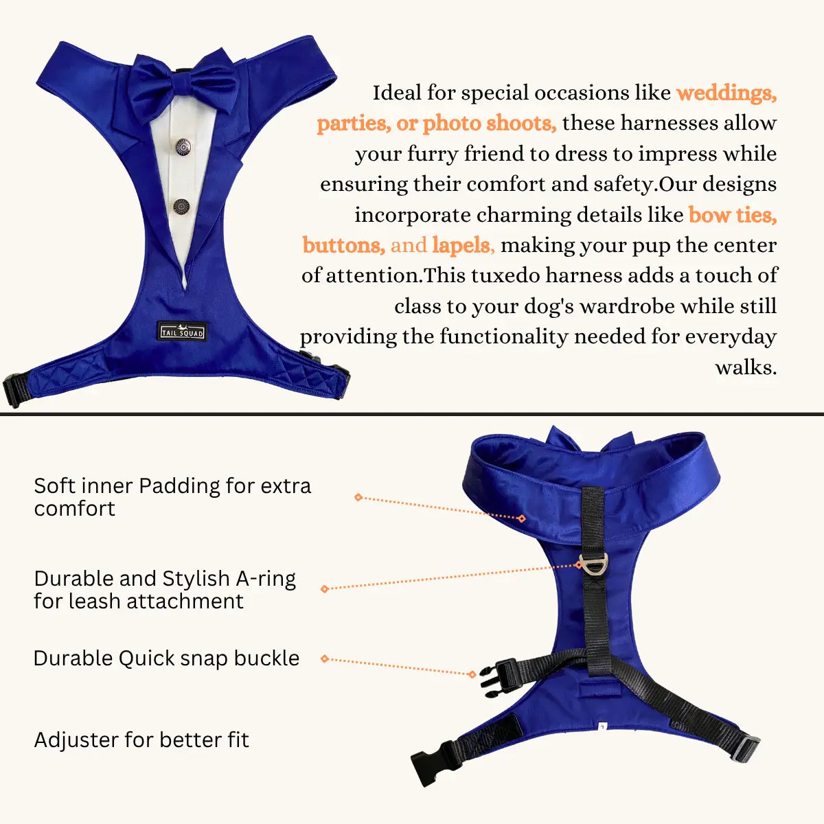 Tail Squad Blue designer dog tuxedo harness with soft padding, adjustable straps, and fashionable dog wear design