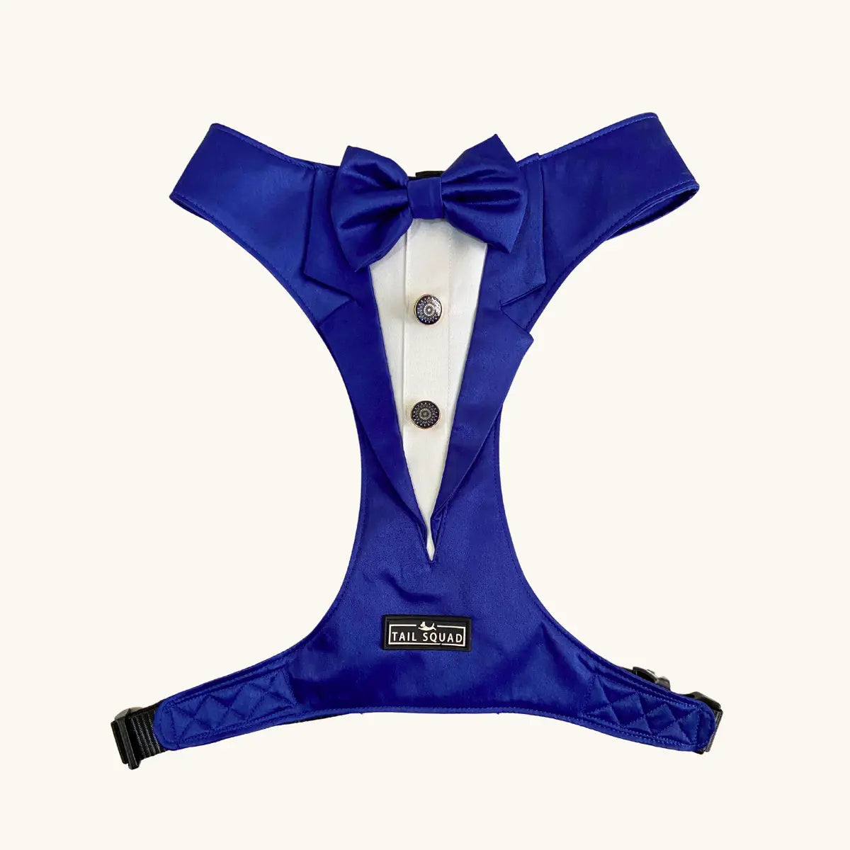 Tail Squad Designer Dog Tuxedo Harness Blue full and upper view showcasing premium fabric and classy pet outfit.